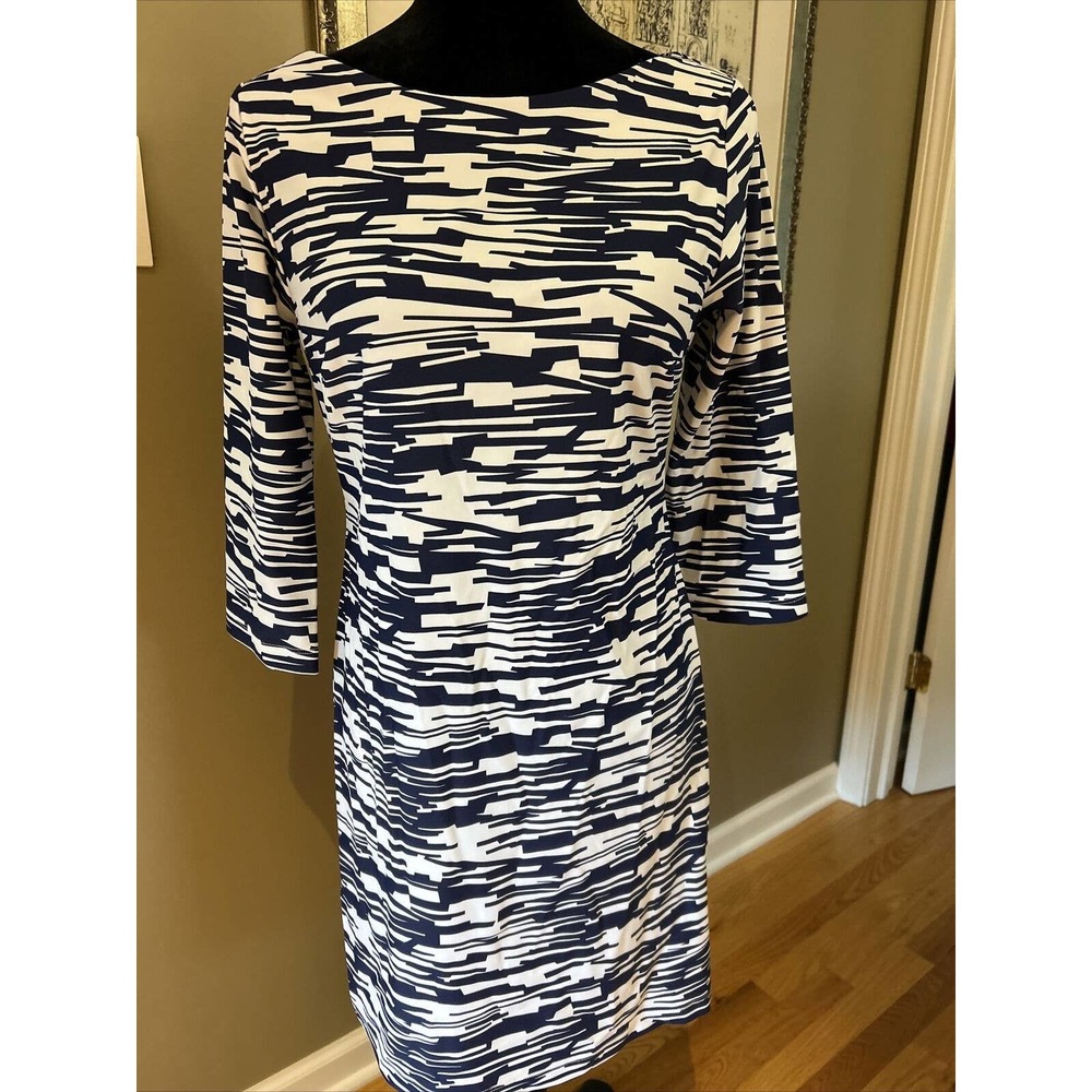 Britt Navy Blue White Catalina cloth knit Dress XS 3/4 slv button back neck New